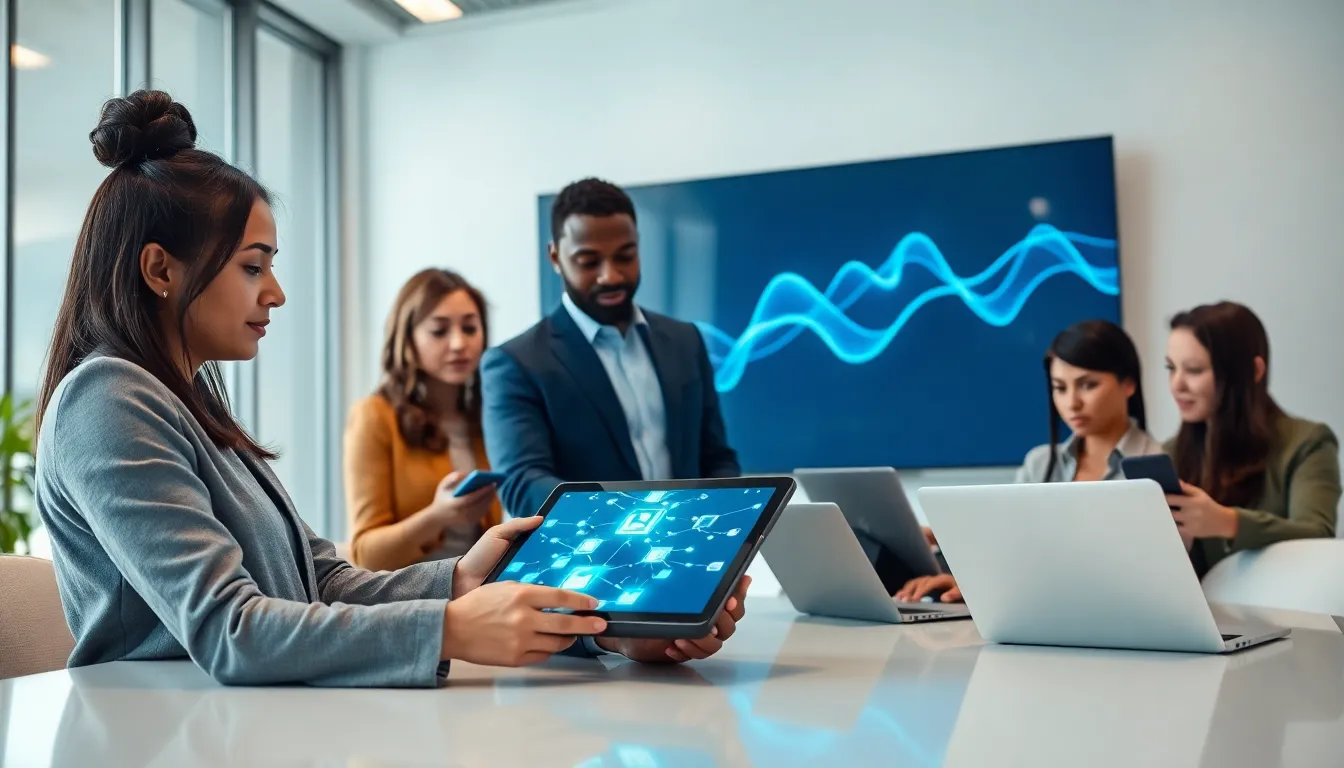 professionals discussing blockchain technology in a modern office.
