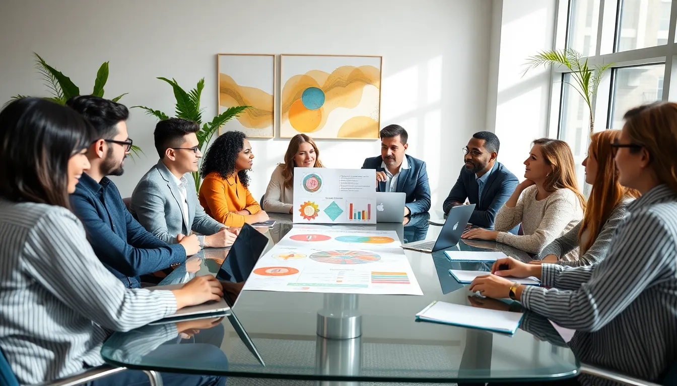 diverse team discussing cultural concepts in a modern office.