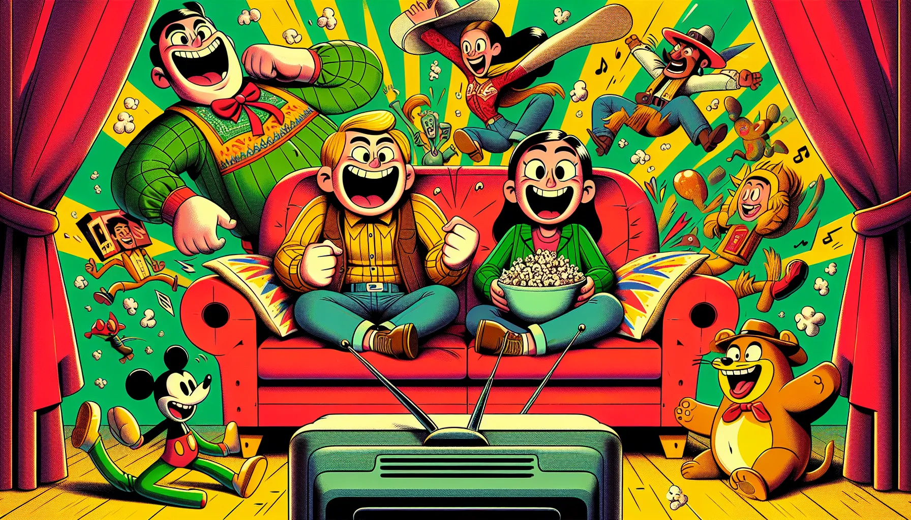 cartoon kids laughing on a couch surrounded by famous animated movie characters