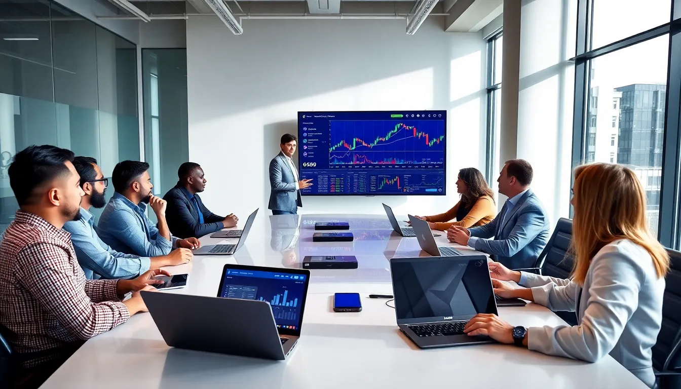 diverse professionals collaborating on trading strategies in a modern office.