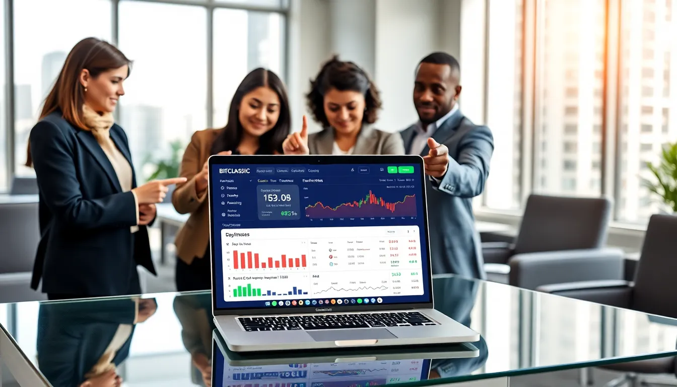 trading dashboard interface with professionals discussing features.