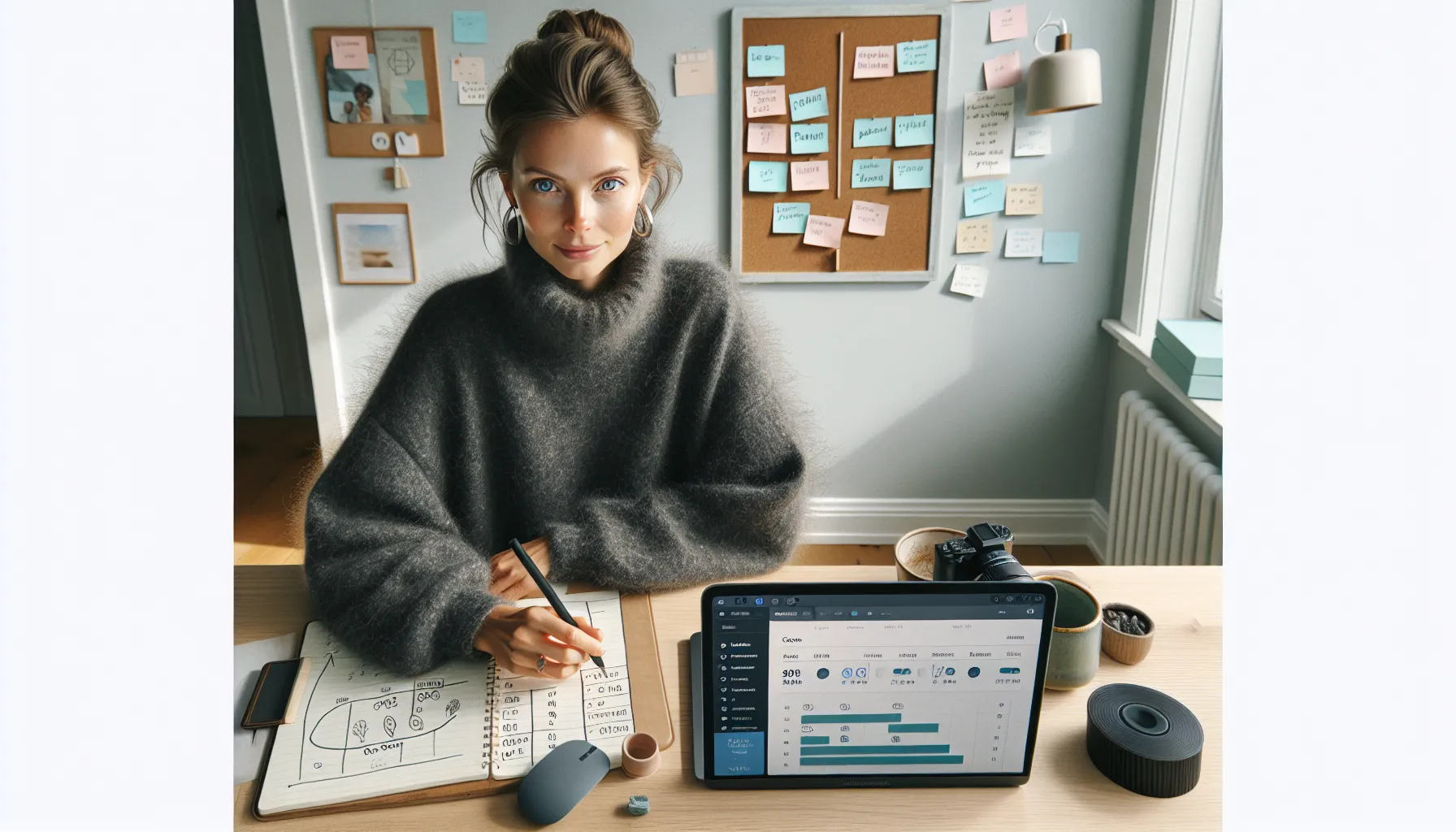 Hvordan lage et nettkurs som selger 3 Norwegian course creator reviewing analytics and module plan in a bright home office.