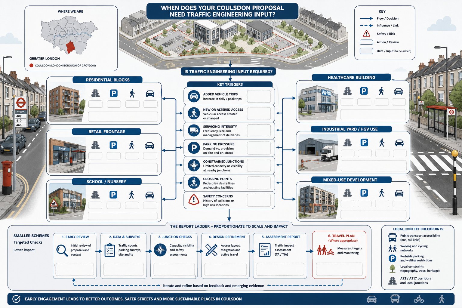 Infographic showing when Coulsdon planning projects need traffic engineering reports.