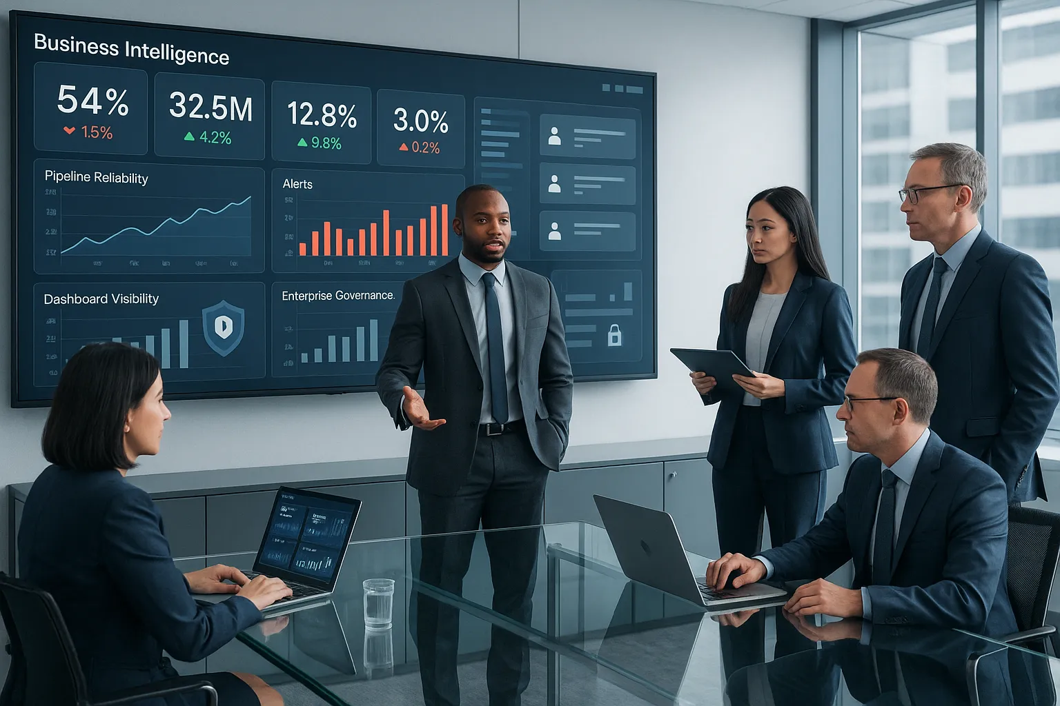 Professionals reviewing live KPI dashboards and alerts in a modern office.