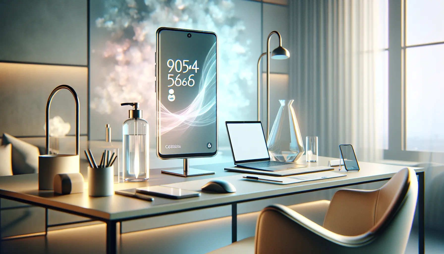 smartphone showing phone number in a modern office setting.