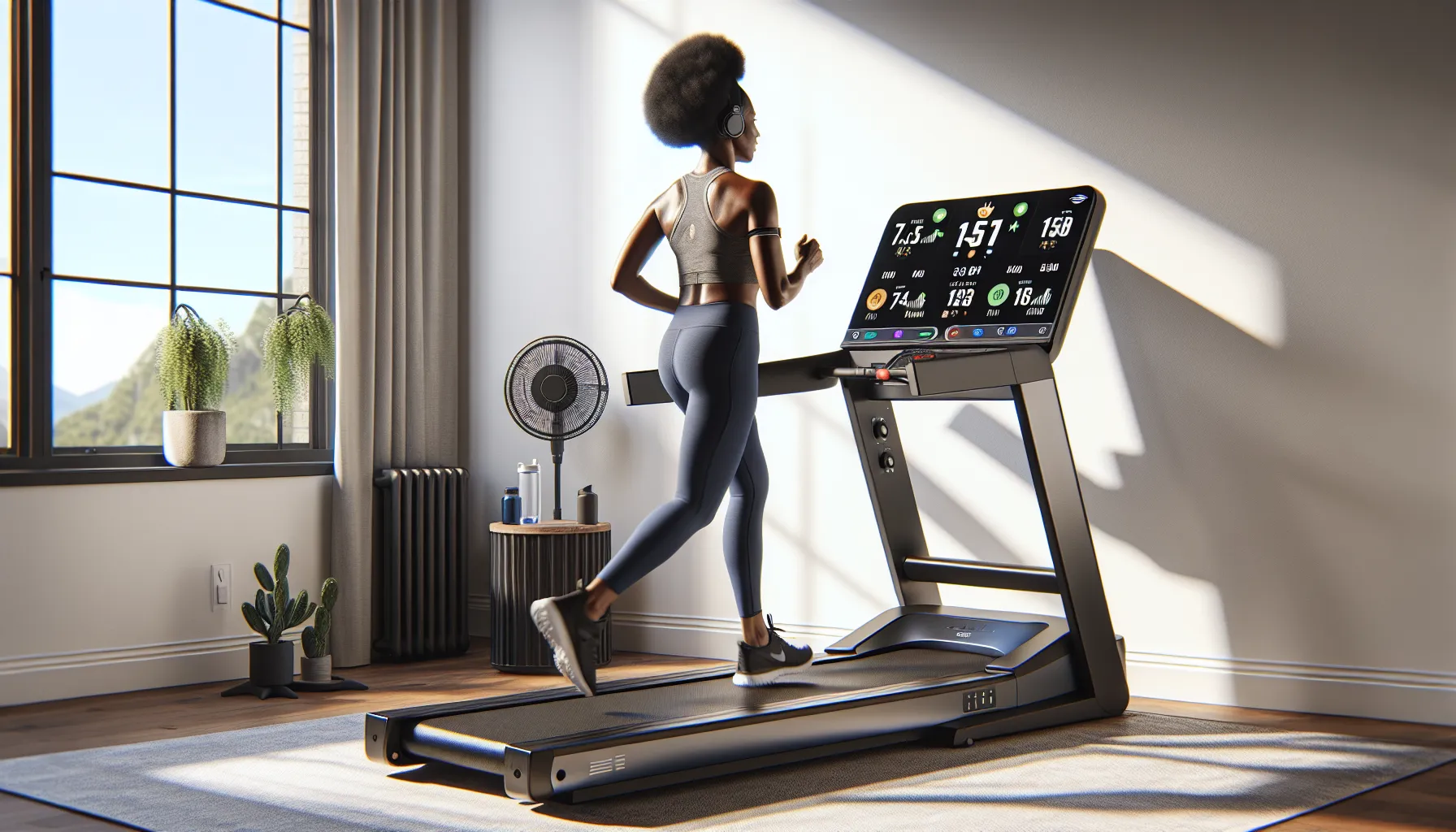 Woman running on treadmill with large tilting screen in bright U.S. apartment.