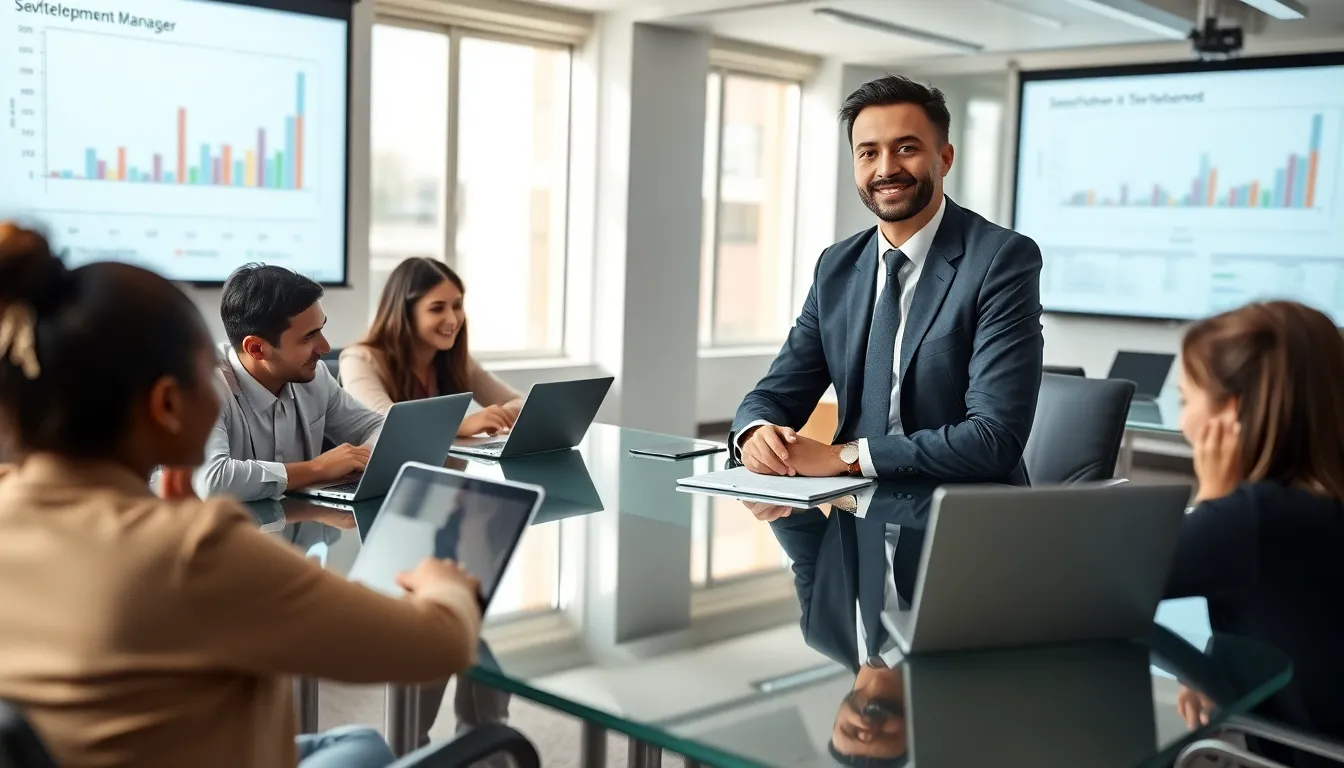 Software Development Manager leading a diverse team in a modern office.