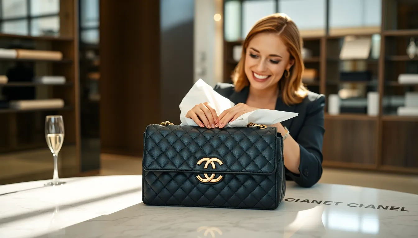 Woman unwrapping a Chanel Classic Flap bag in a stylish boutique.