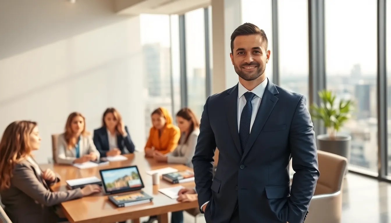 real estate professional discussing opportunities in a modern office.