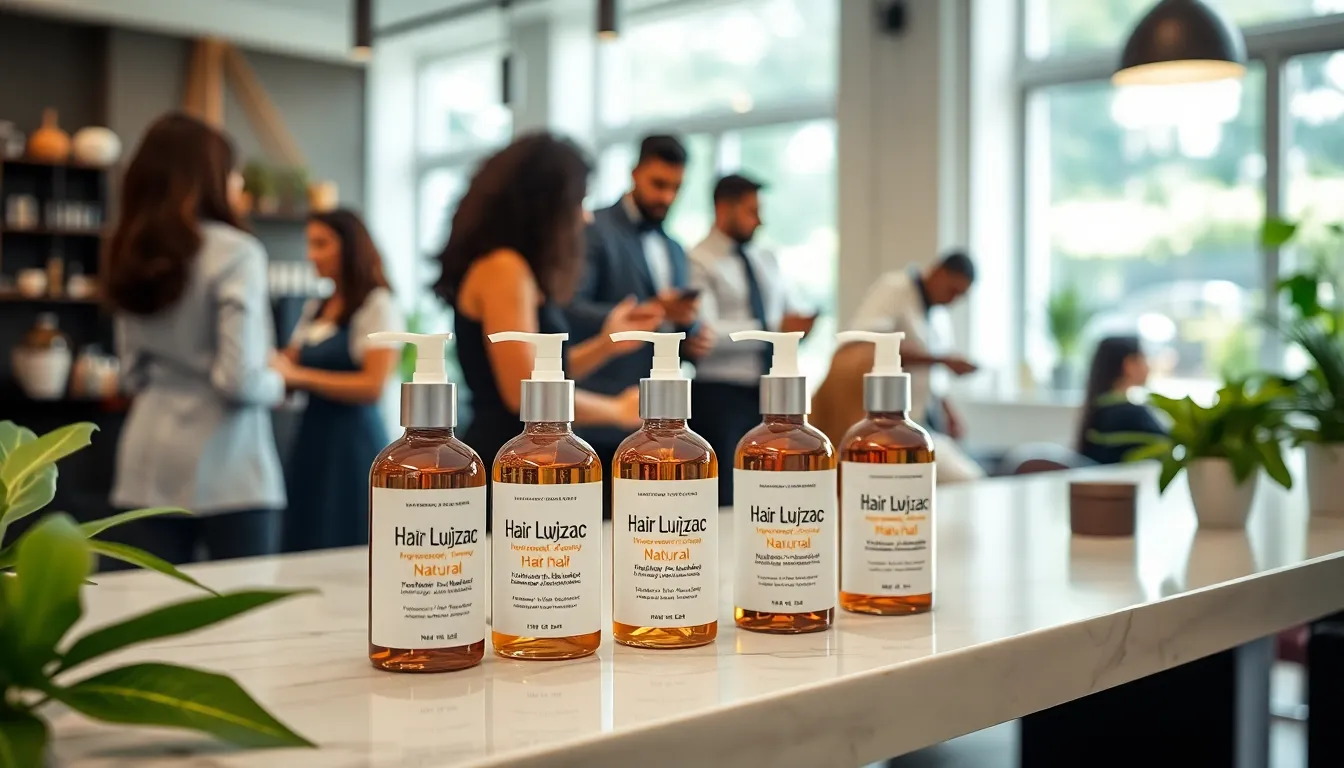 Hair Luvizac product display in a modern salon environment.