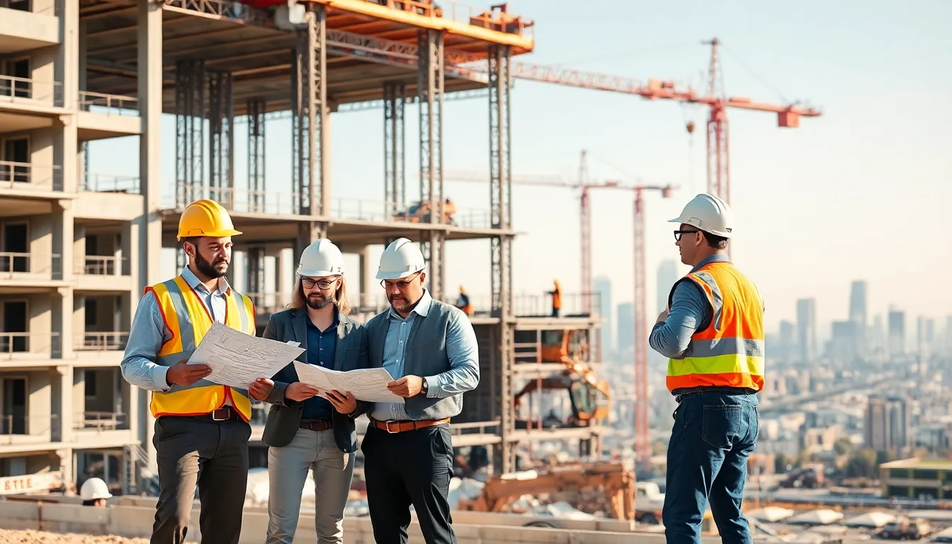 construction site with diverse professionals building a multi-story structure.