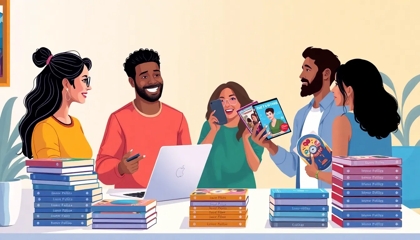 diverse group exchanging movies in a modern, bright workspace.