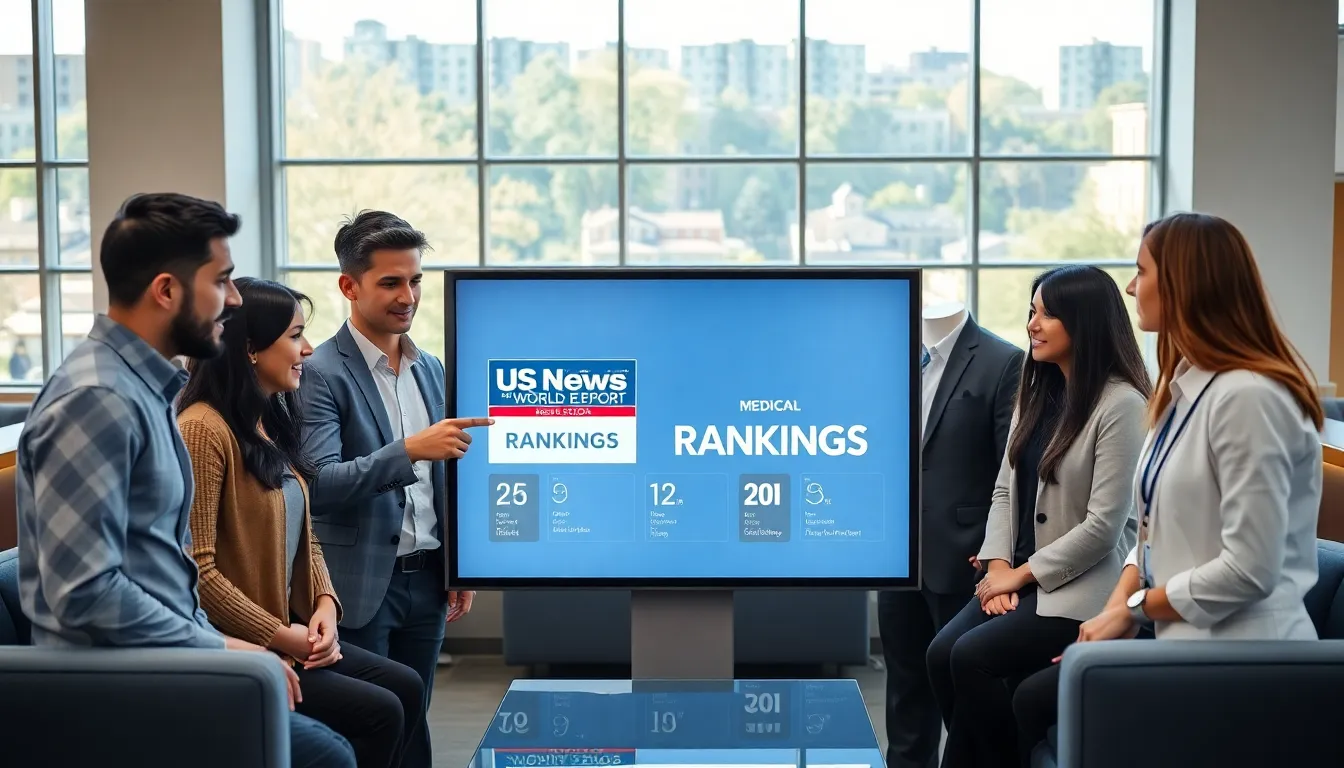 students discussing medical school rankings in a modern university lounge.