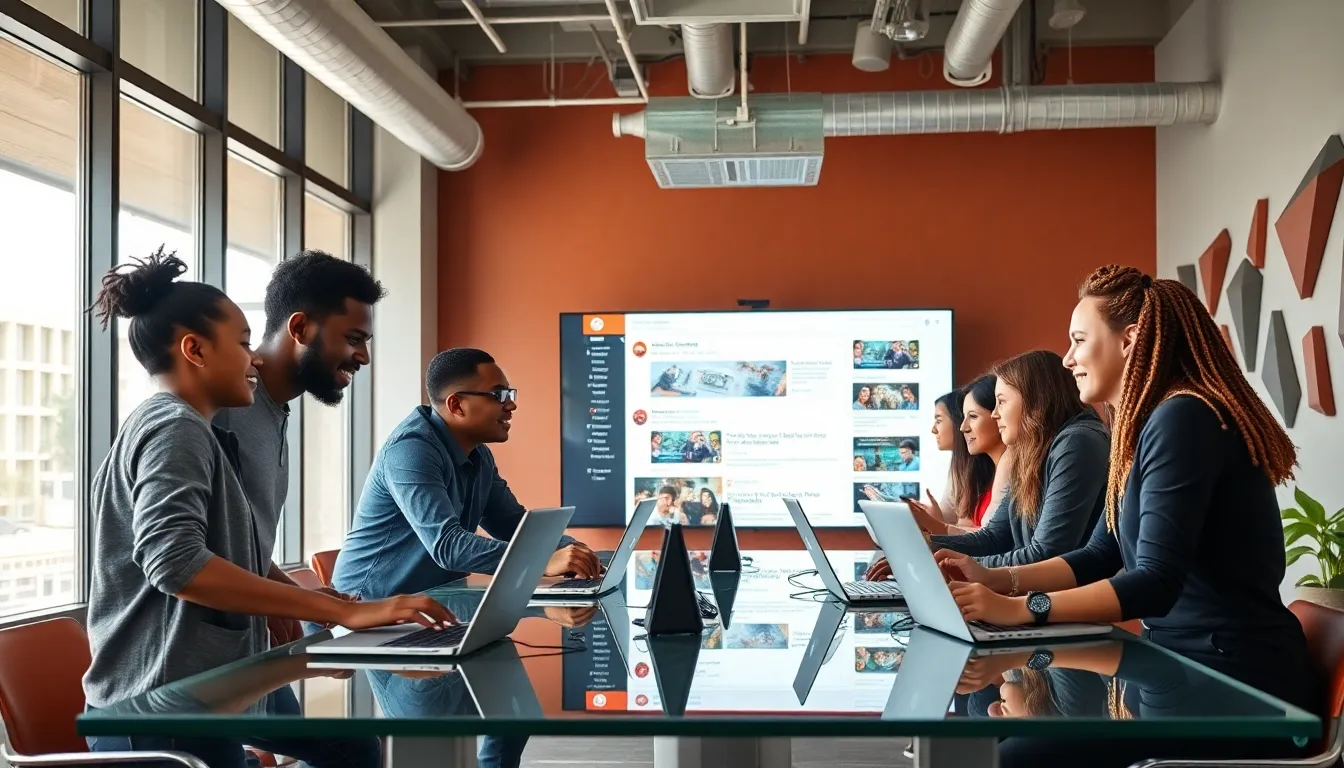 diverse team discussing gaming news in a modern office.