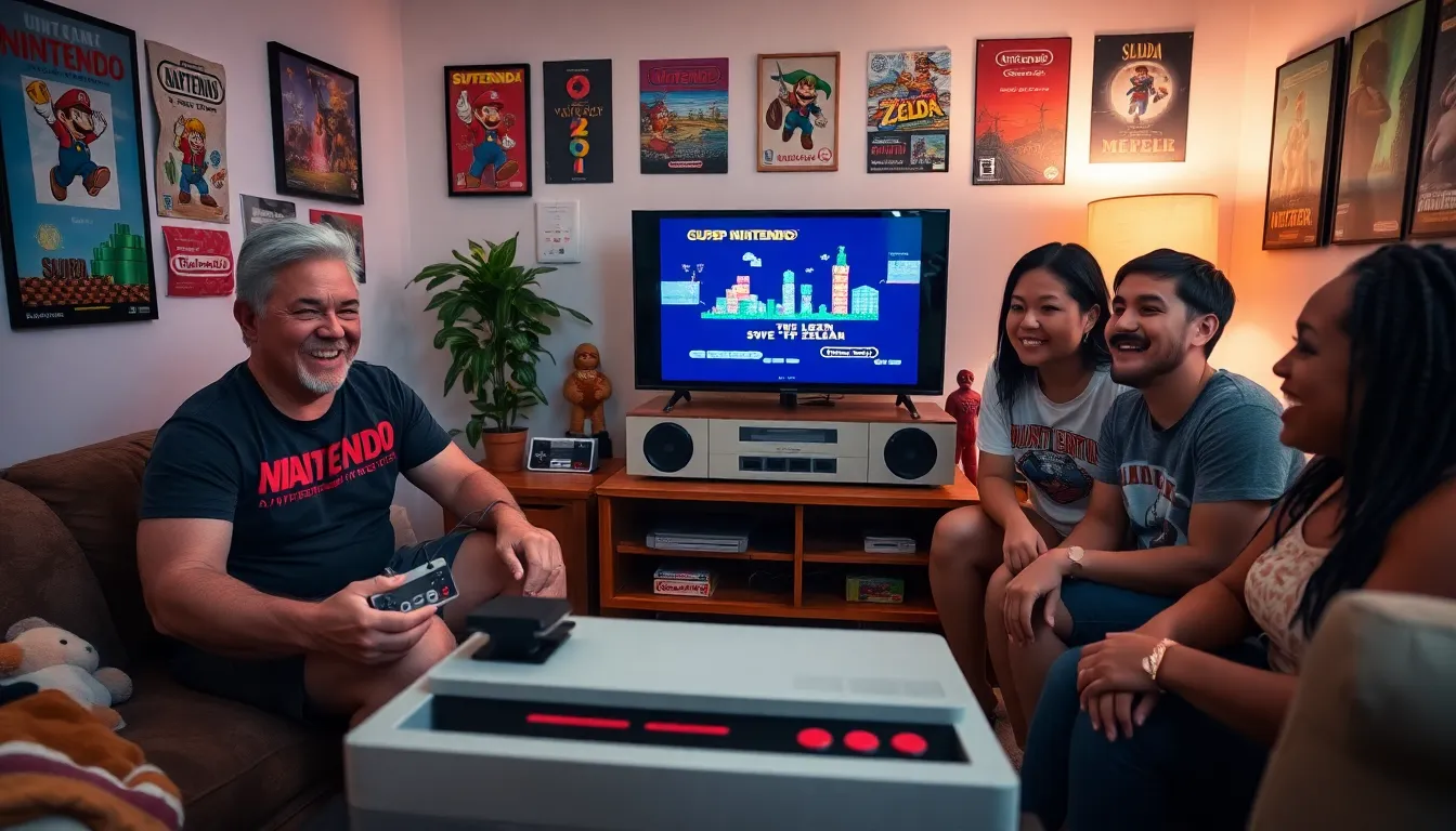 a group of friends playing Nintendo games in a cozy living room.