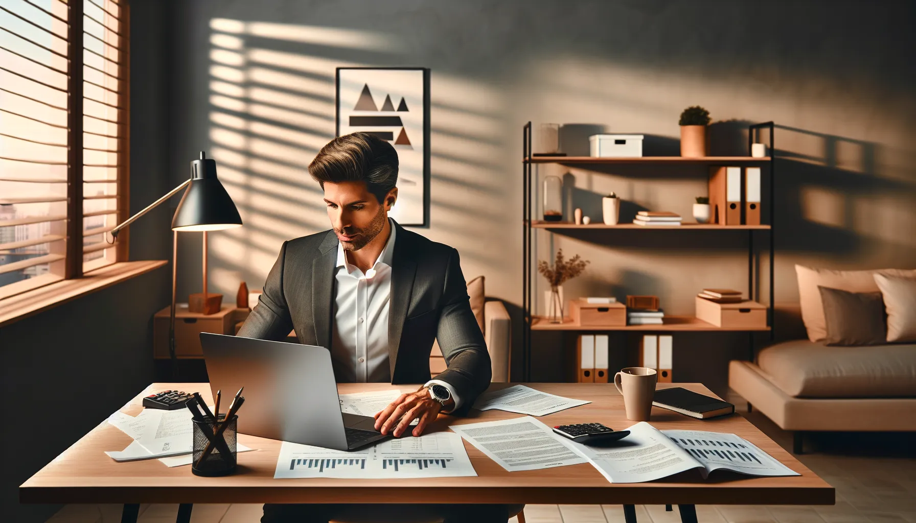 Croatian entrepreneur working on financial documents at modern desk with laptop