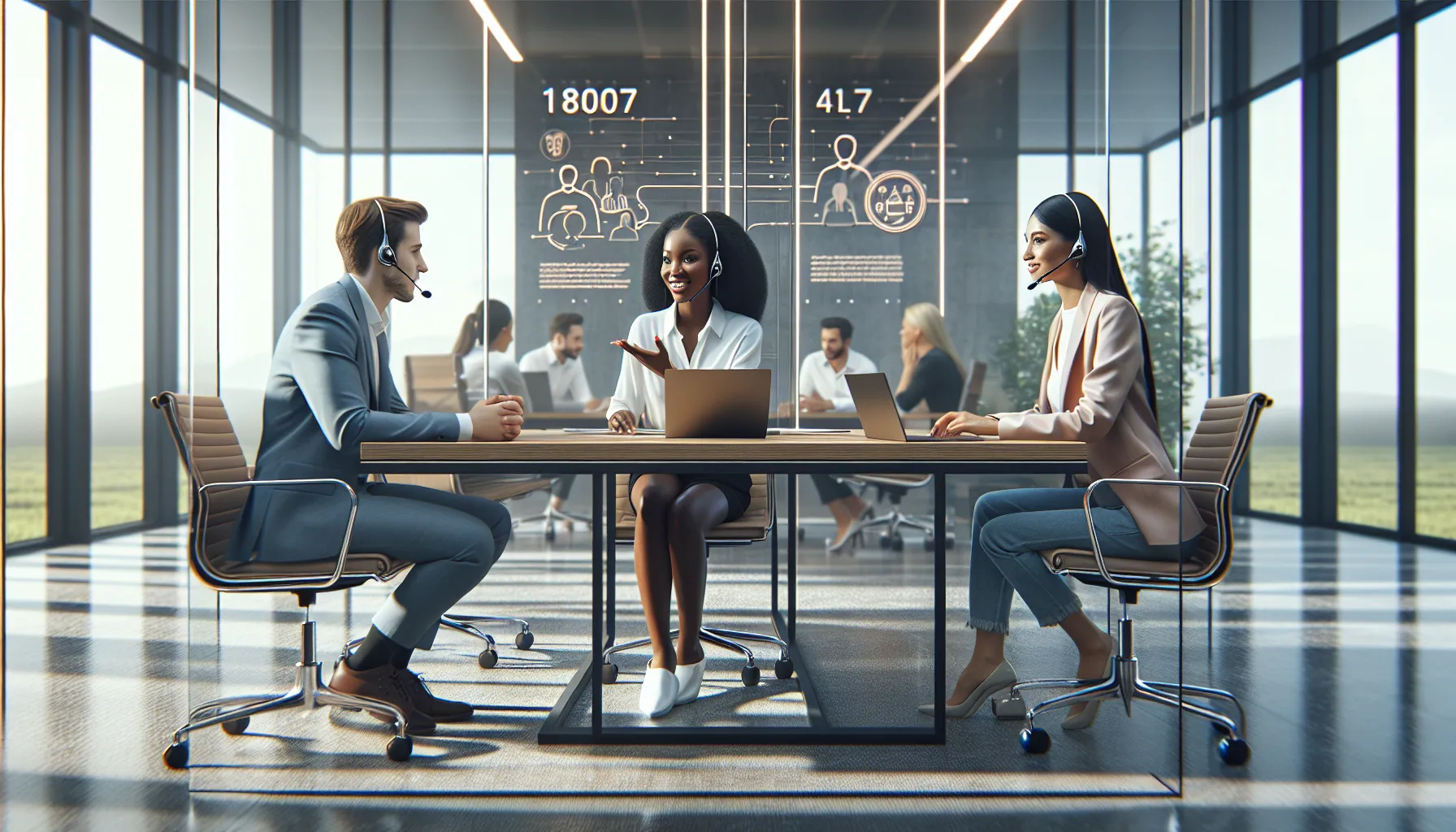 diverse team collaborating in a modern customer service office.