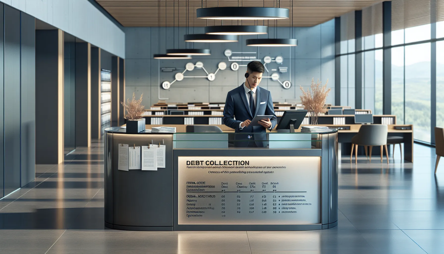 Banking professional reviewing debt collection documents in modern Croatian office setting.