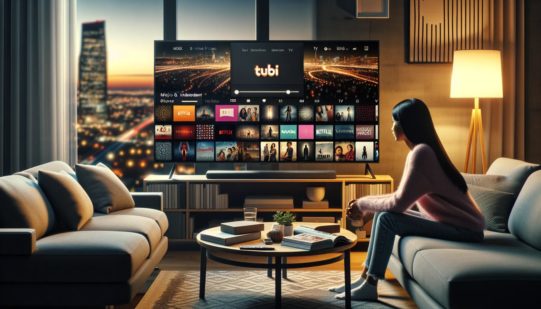 A person watching Tubi on a smart TV in a cozy living room.