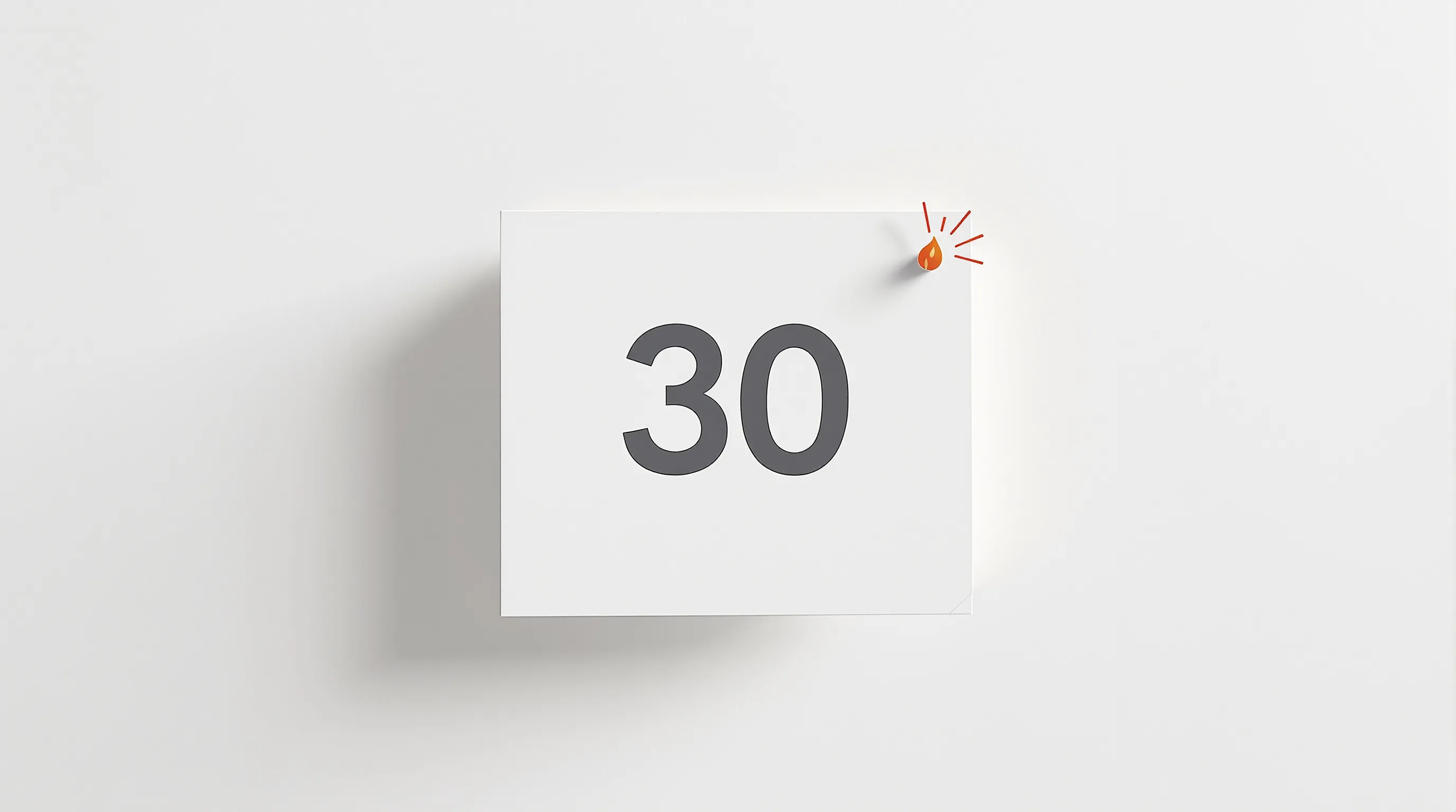 Minimalist birthday card with number 30 and playful spark symbol on white background.