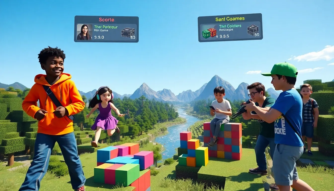 players enjoying a Minecraft mini-game arena with parkour challenges.