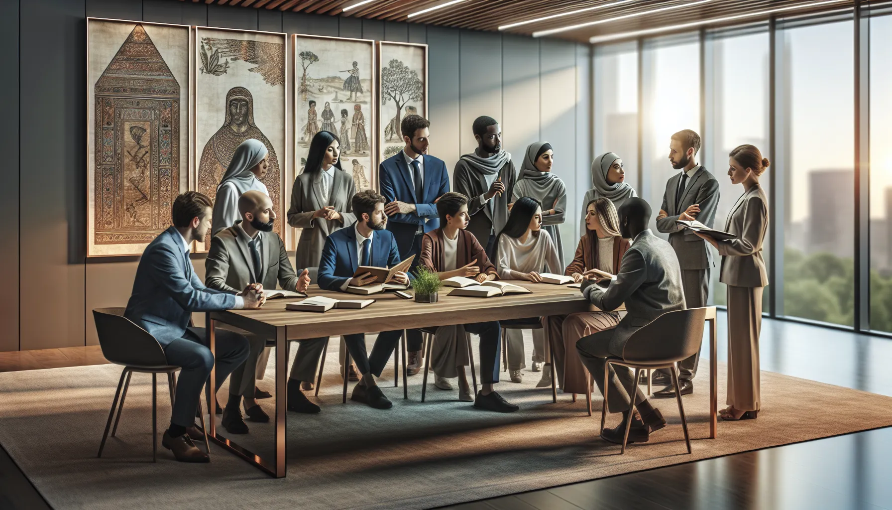 diverse team discussing cultural traditions in a modern office.