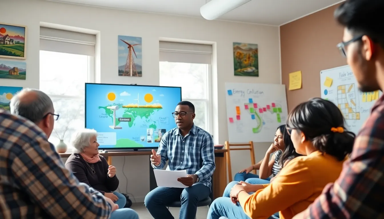 A diverse community group discussing energy solutions in a meeting room.