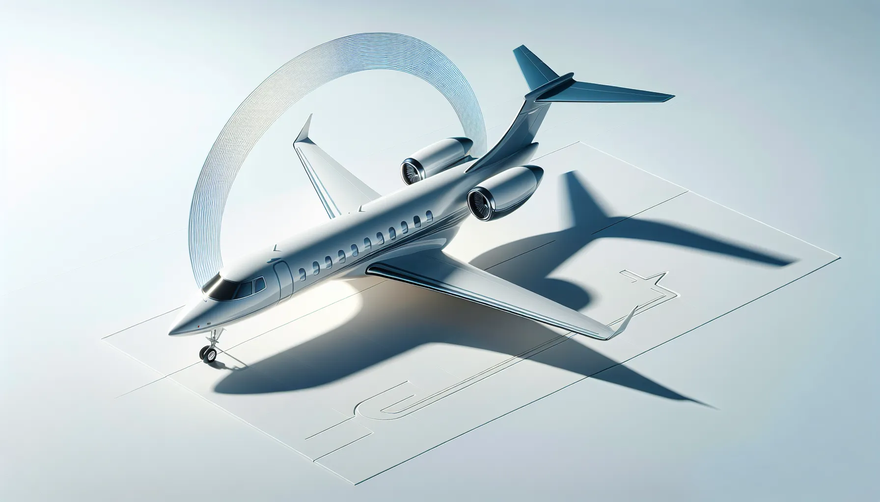 a minimal private jet on a white background with a blue accent arc