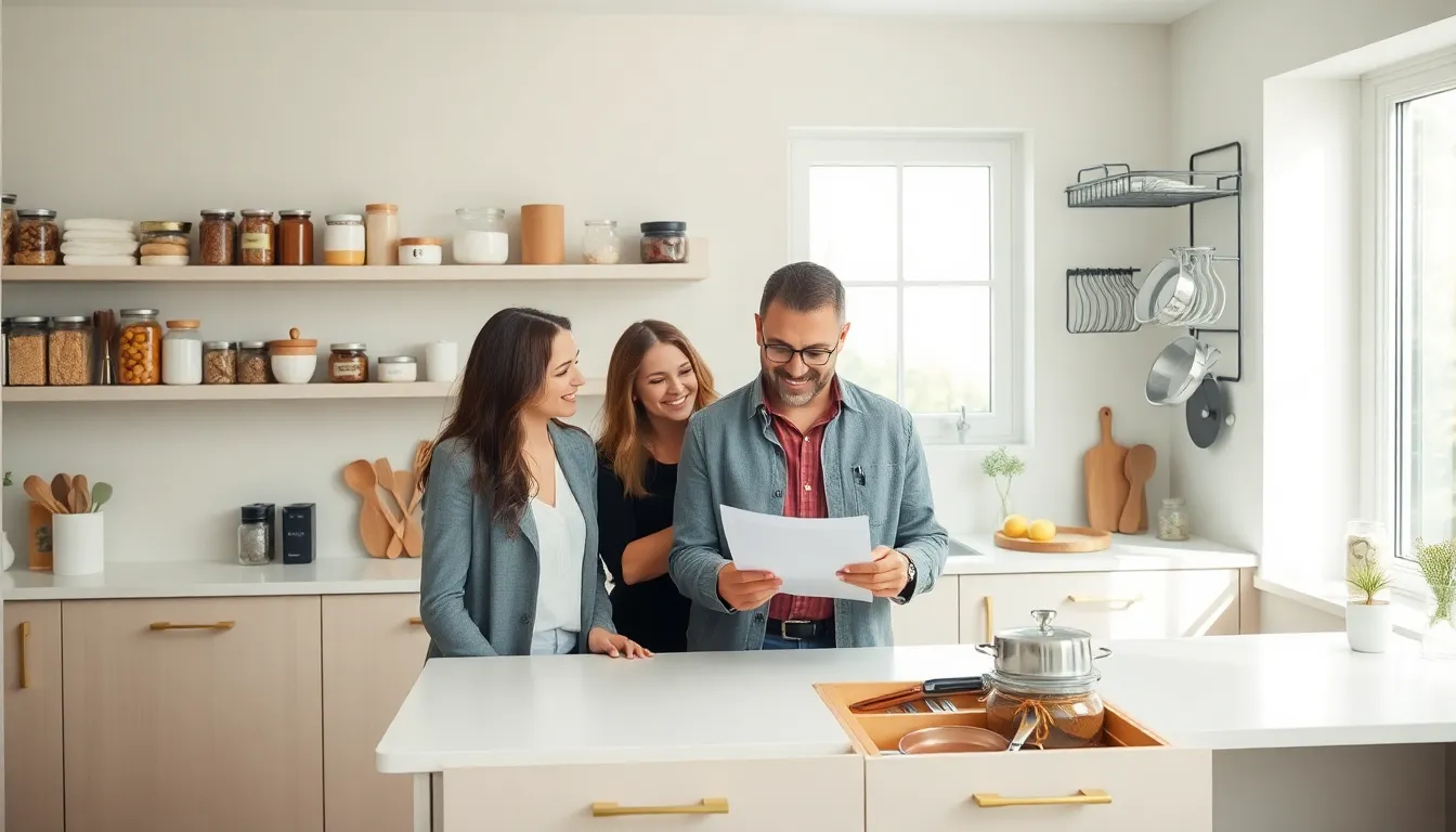 diverse team discussing DIY kitchen storage solutions in a modern kitchen.