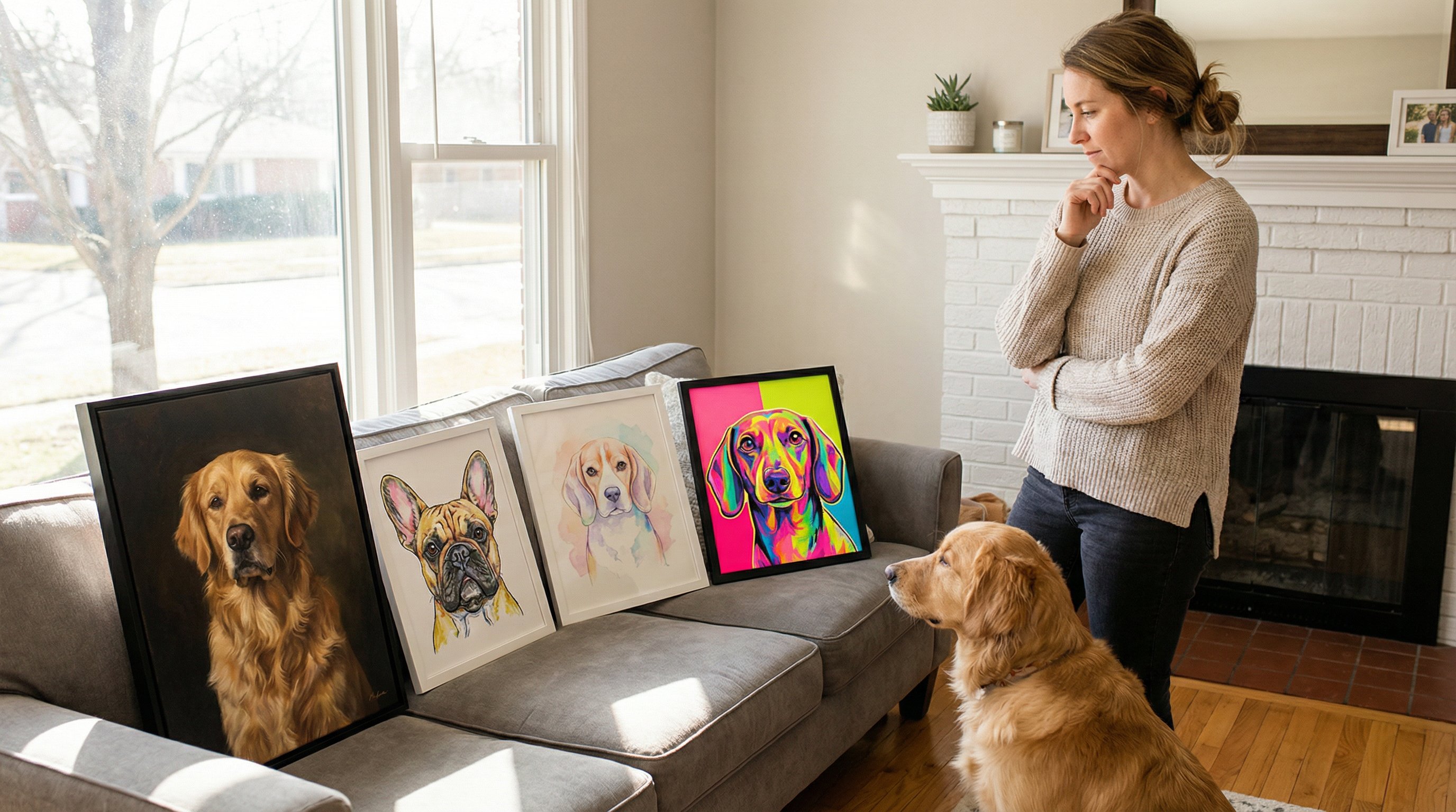 Woman comparing four different dog portrait art styles in a sunny living room.