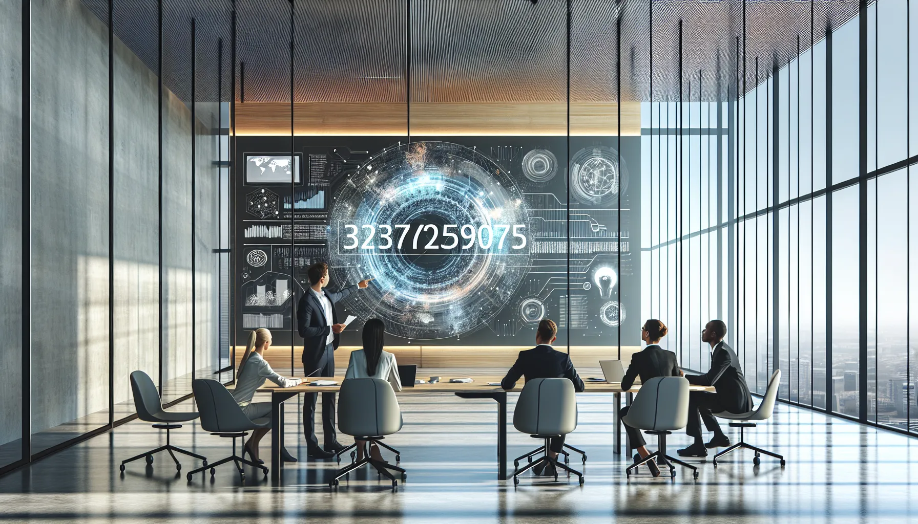 diverse professionals discussing applications of a numeric identifier in an office.