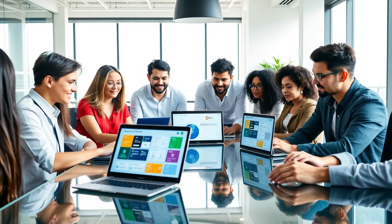 diverse team collaborating on low code no code automation in a modern office.