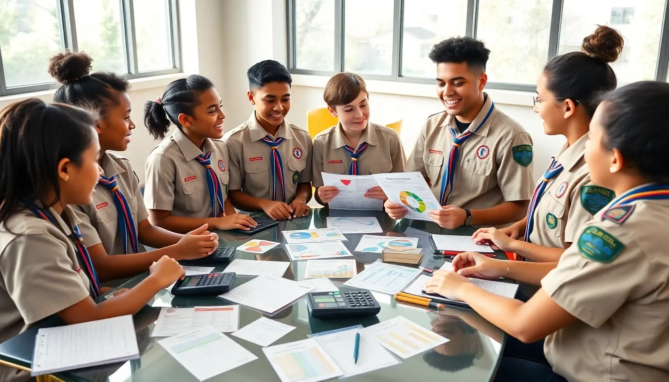 diverse scouts learning about personal finance in a modern classroom.