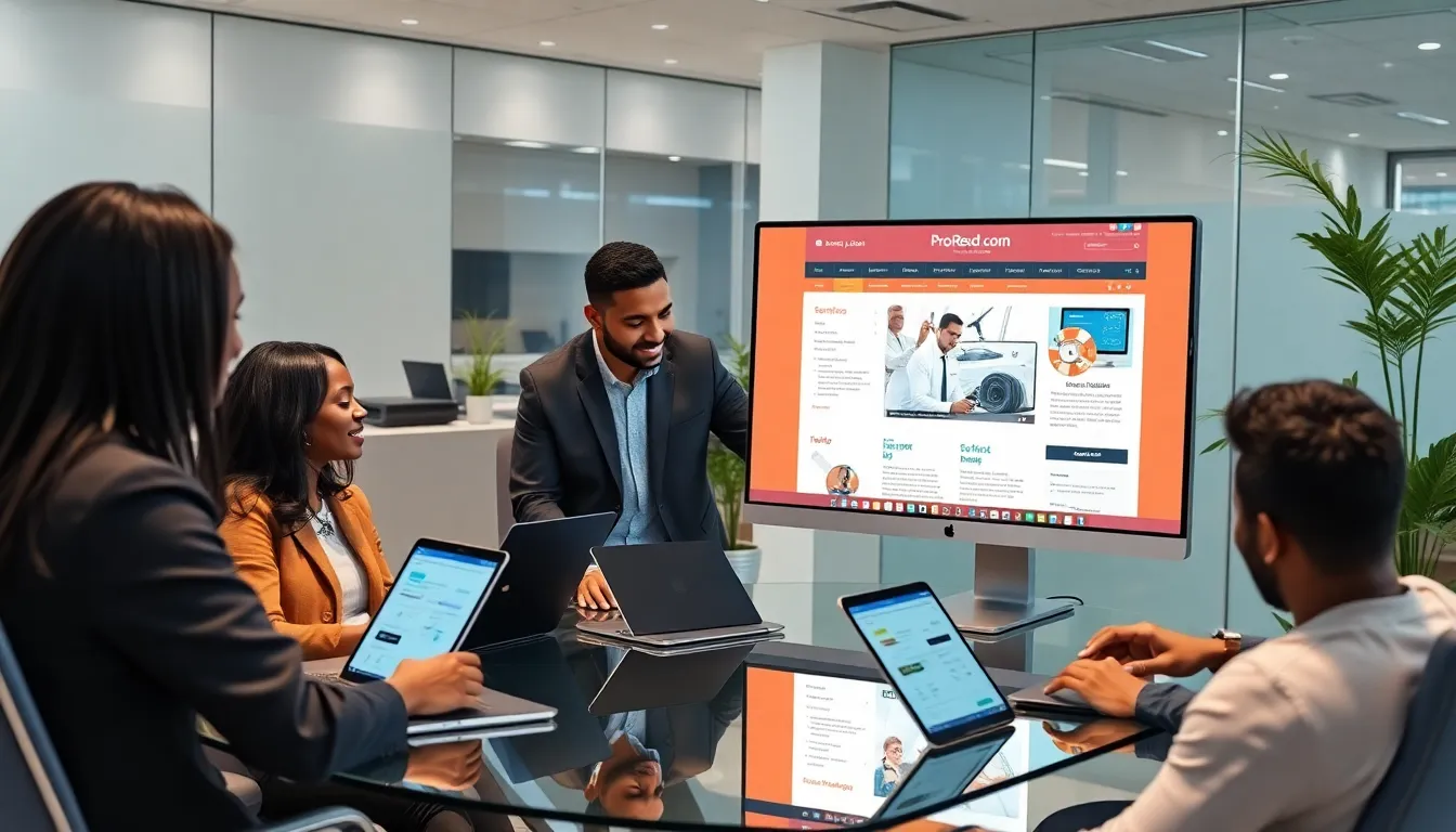 diverse team collaborating over the Pro-Reed website in a modern office.