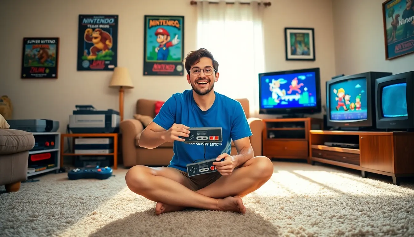 a gamer playing NES with classic Nintendo consoles in a nostalgic living room.