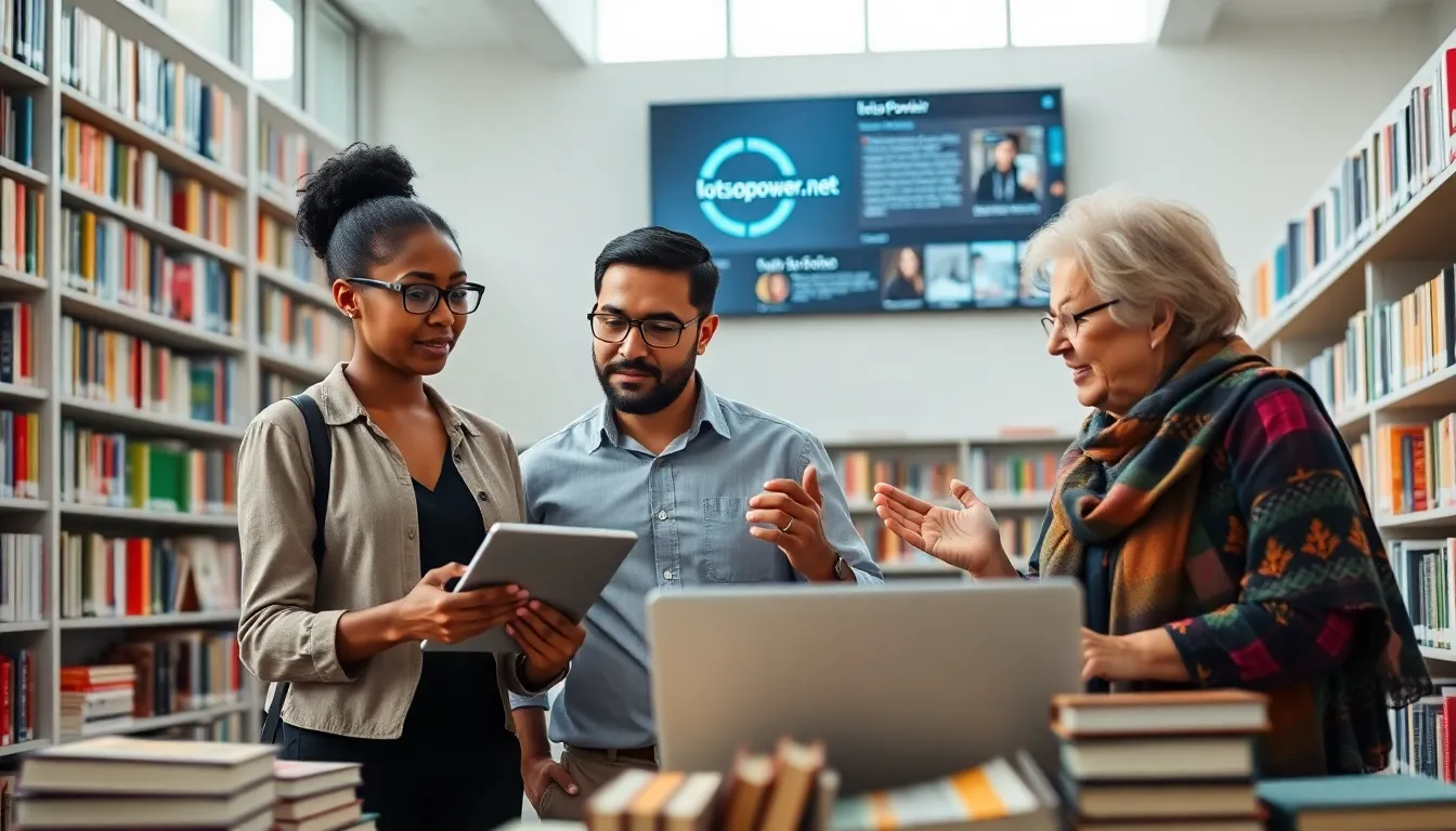 A diverse group discussing in a digital library setting showcasing Lotsofpower.net.