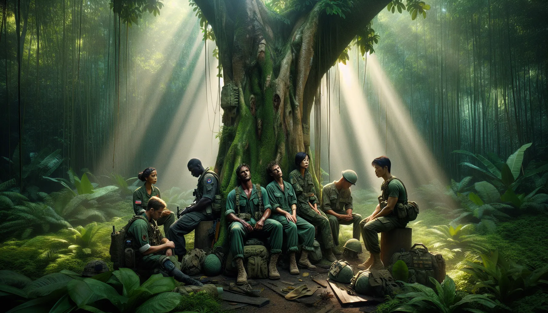 soldiers reflecting in a lush Vietnam jungle setting.