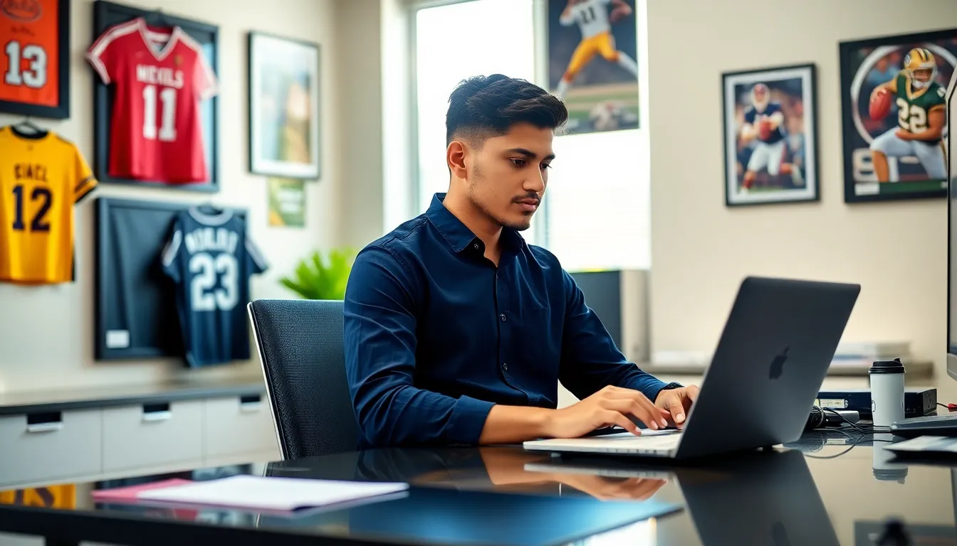 Jimmy Dominguez writing in a vibrant university office surrounded by sports memorabilia.