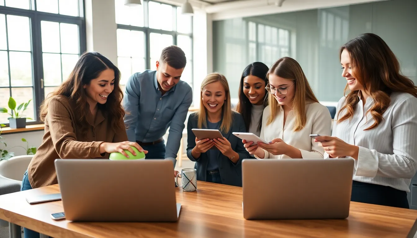 diverse team demonstrating eco-friendly home technology in a modern office.