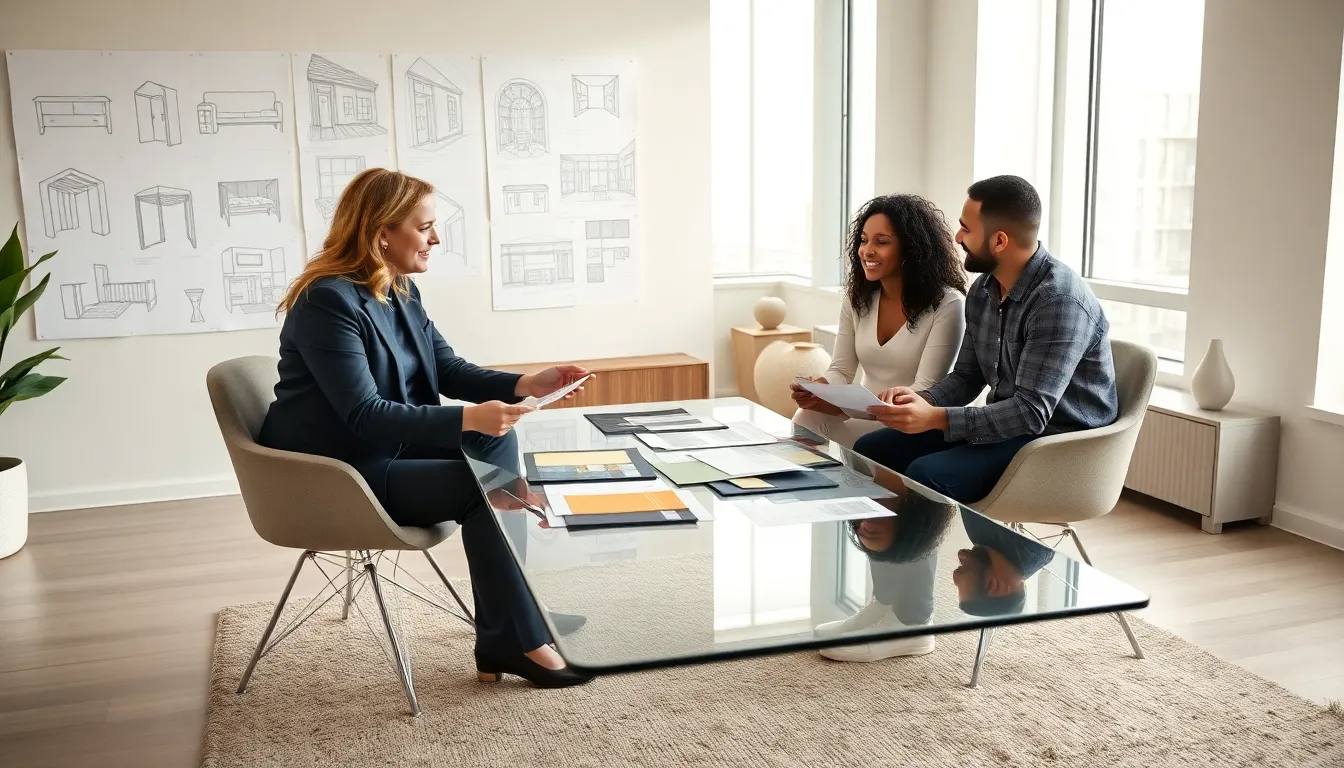 interior decorator consulting with clients in a modern office.