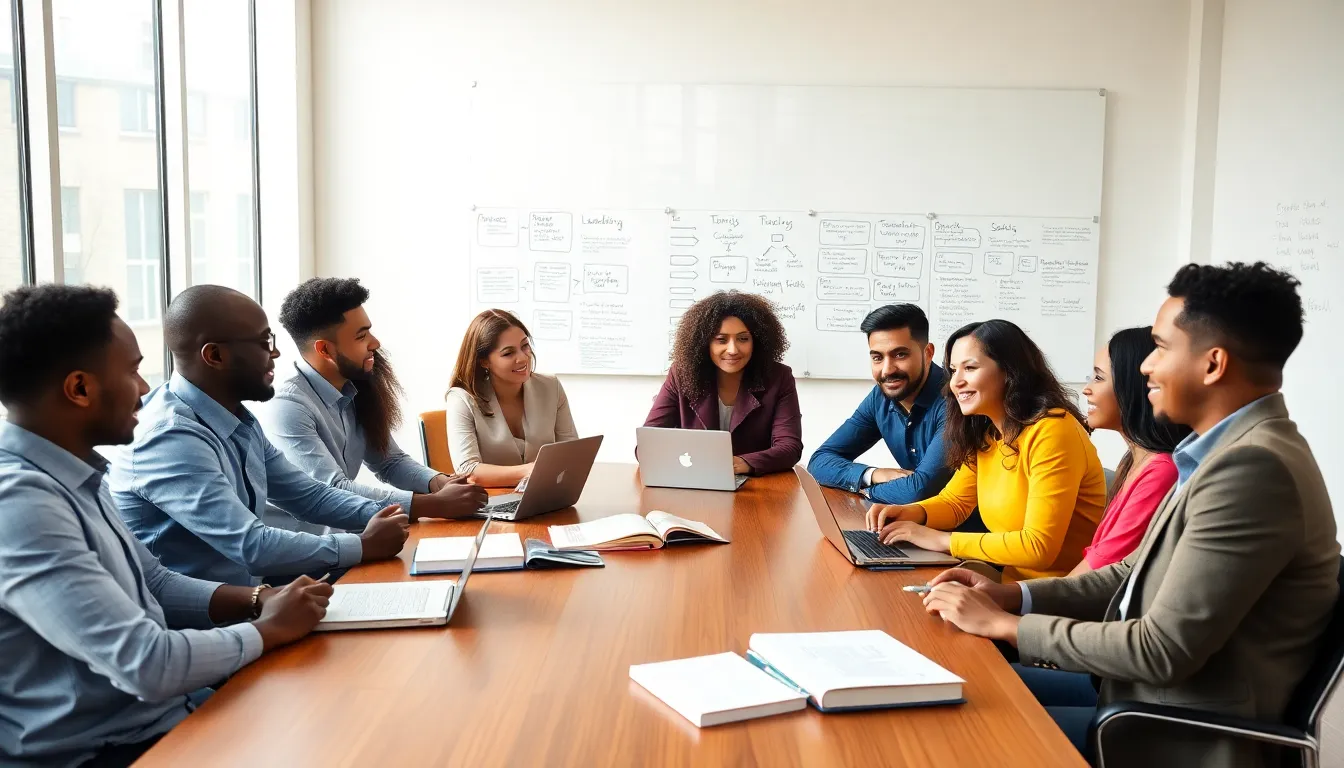 diverse students discussing leadership in a modern classroom.