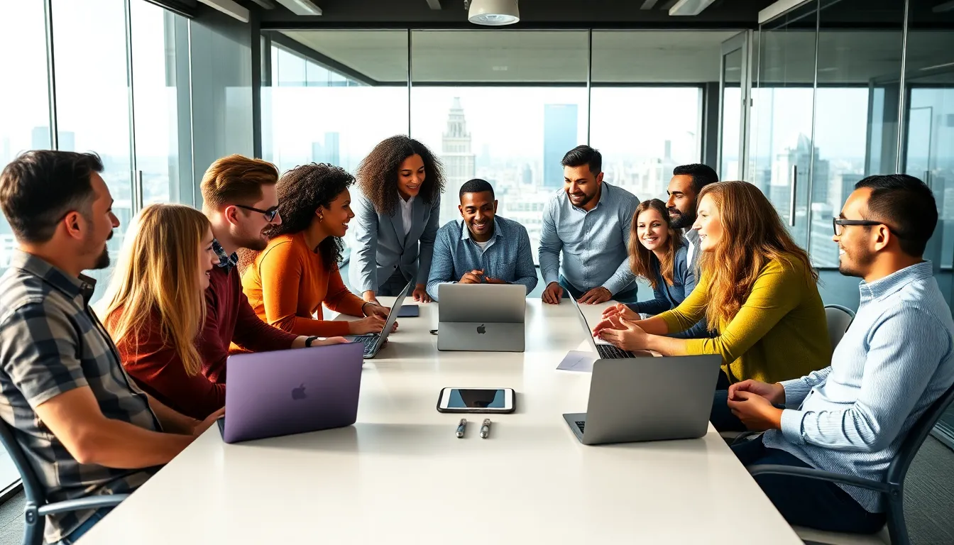 diverse group discussing community engagement in a modern office.