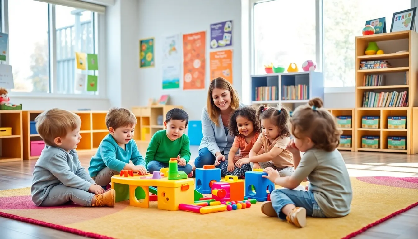children playing in a colorful early childhood education classroom.