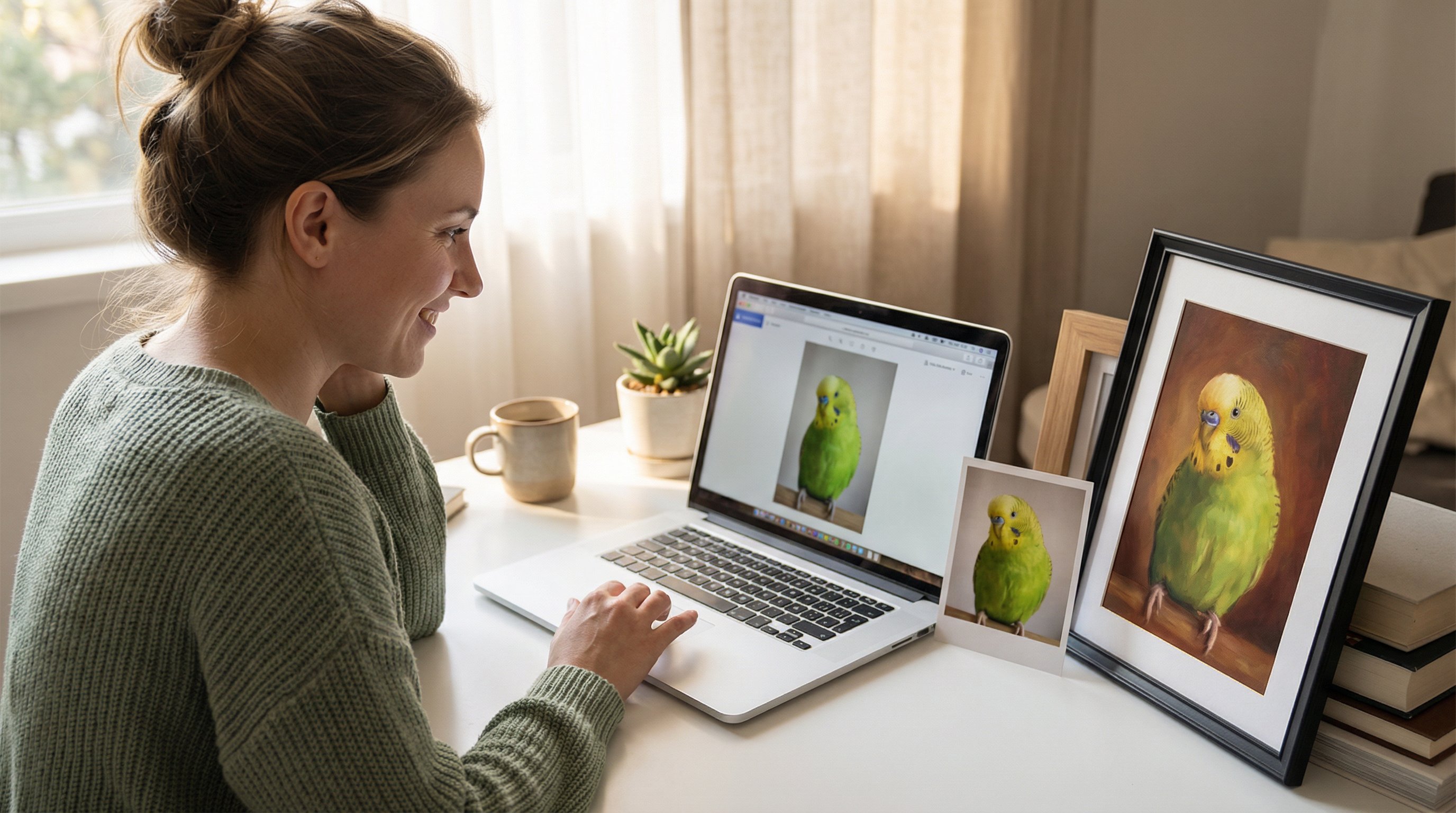 Woman at her desk uploading a bird photo next to a framed bird memorial portrait.