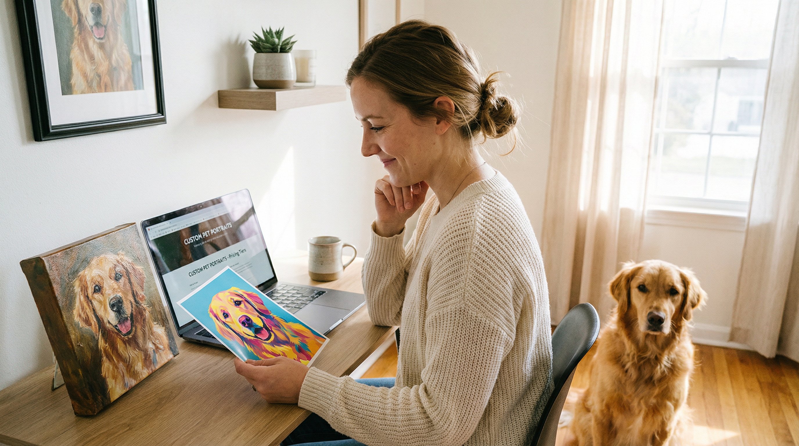 Woman comparing hand-painted and digital custom pet portraits at her desk.