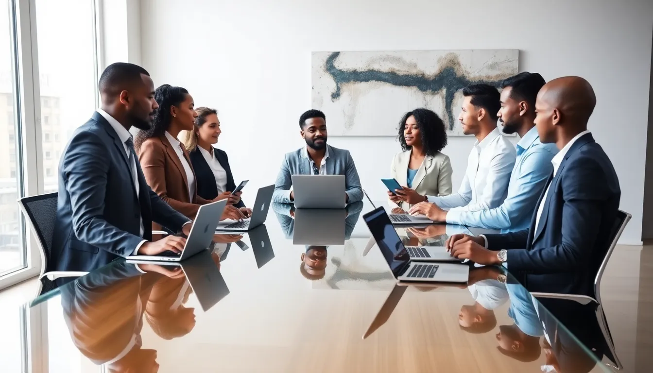 diverse professionals discussing in a modern office setting with technology.
