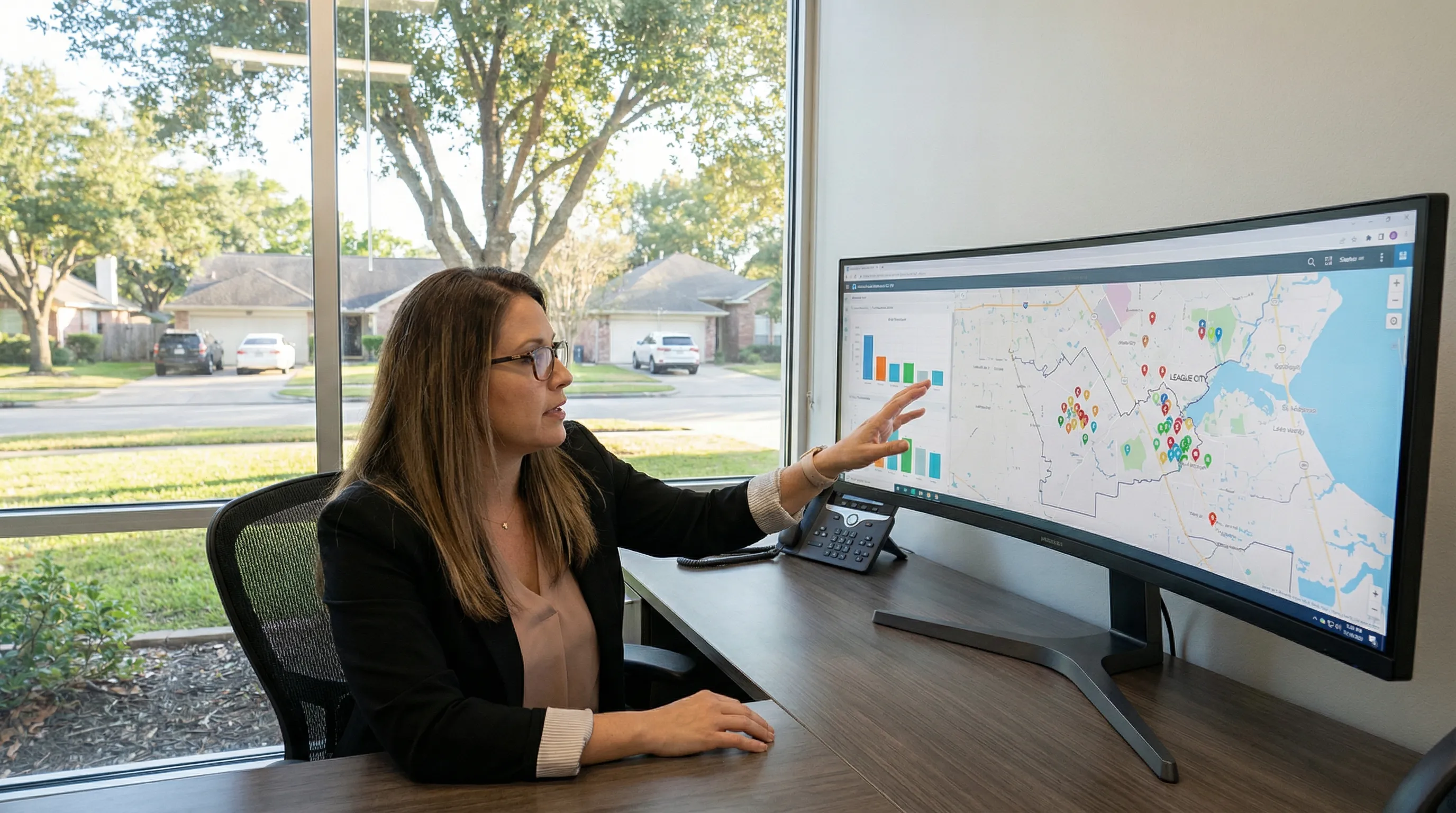 Marketer analyzing a digital map of League City with clustered location pins and local performance charts on a large screen.