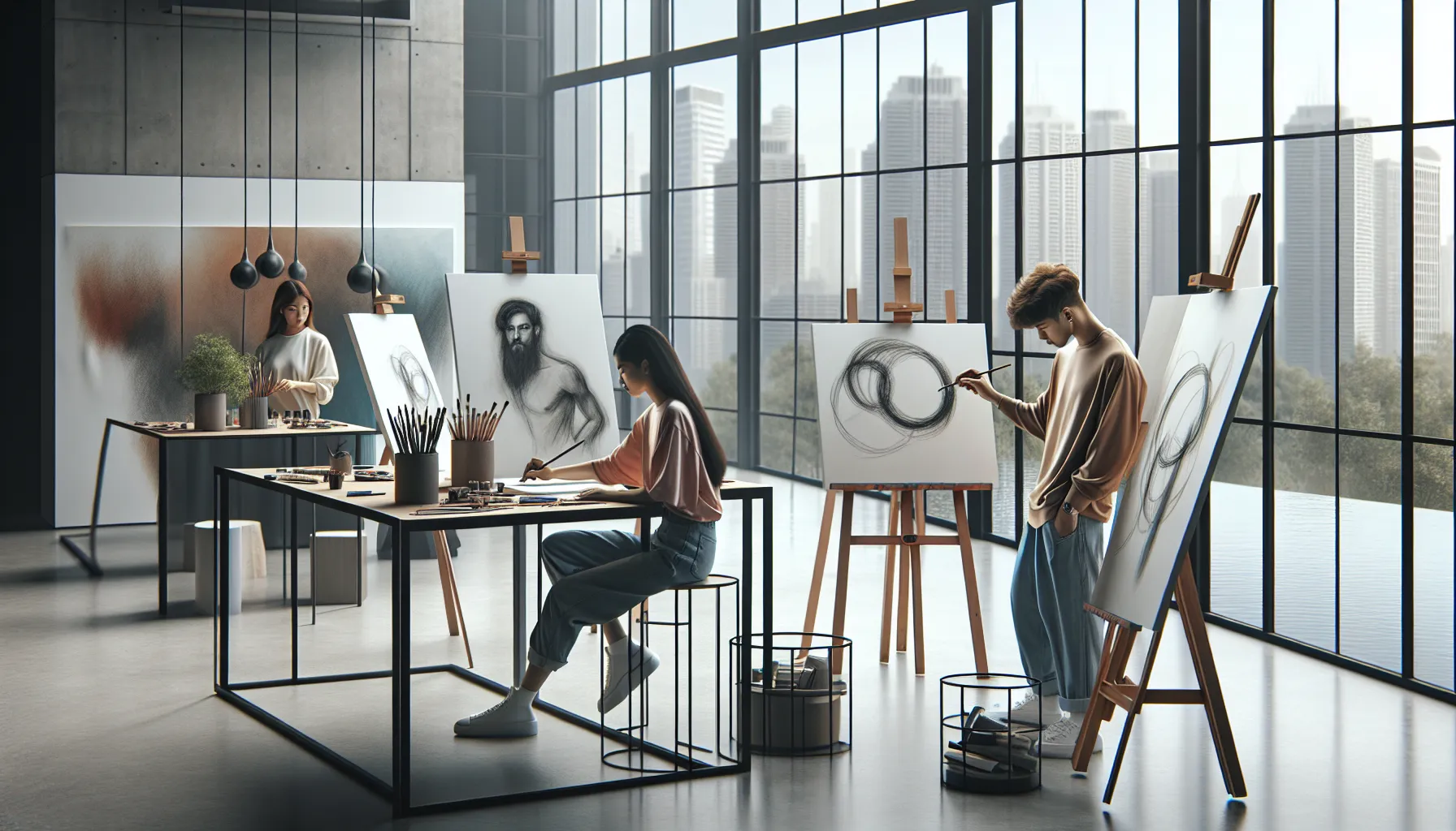 diverse artists sketching outlines in a modern studio.