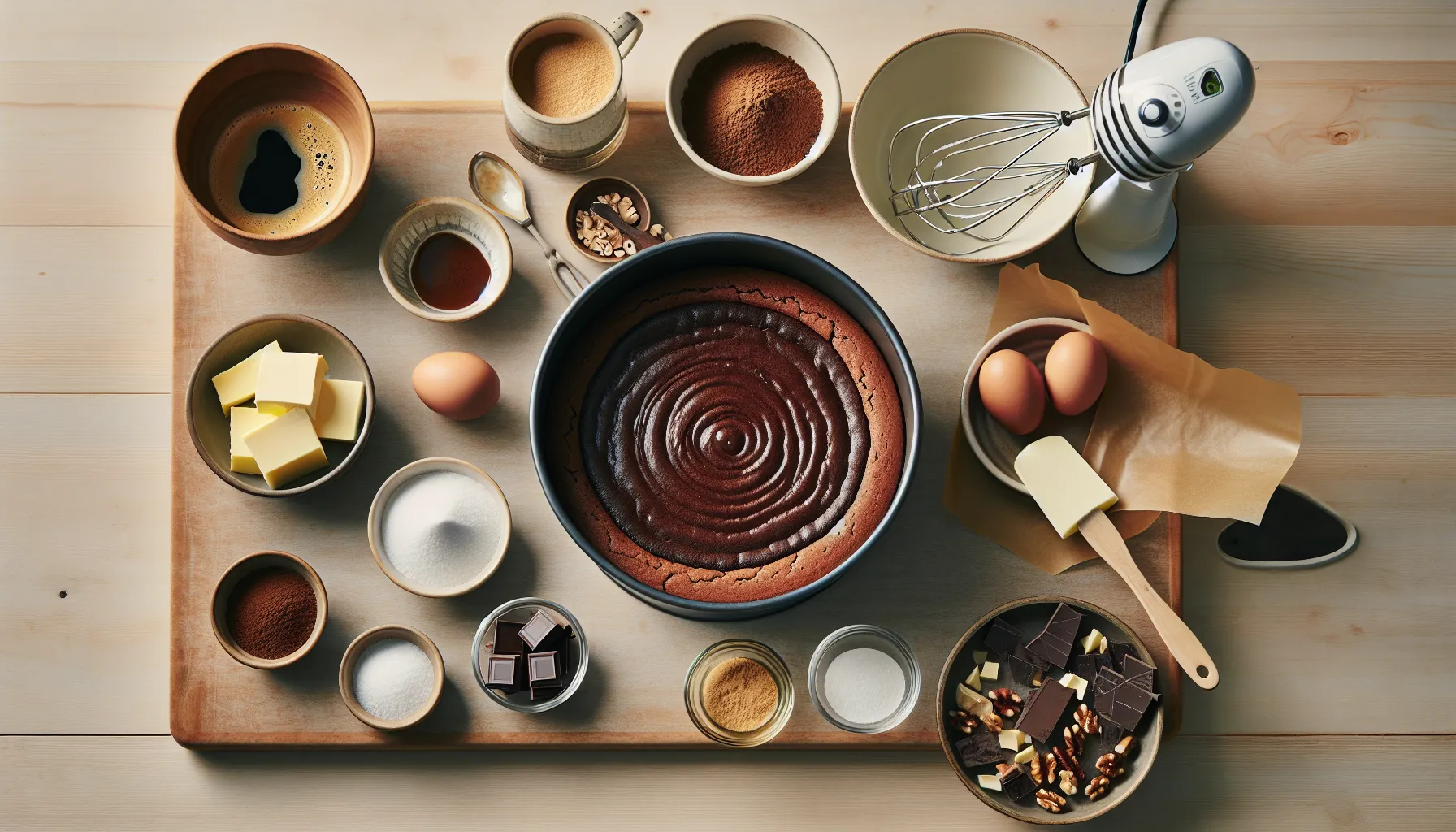 Norwegian kitchen counter with cake ingredients and baking tools ready for sjokoladekake.