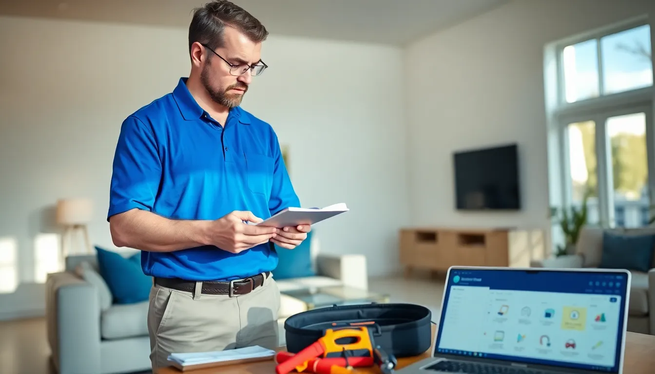 home inspector evaluating a modern living room for maintenance.